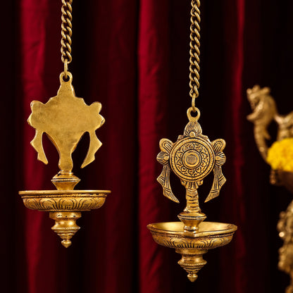 Brass Hanging Shankh And Chakra Diya Set (23 Inch)