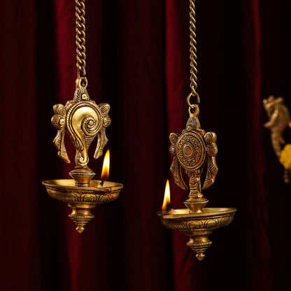 Brass Hanging Shankh And Chakra Diya Set (23 Inch)