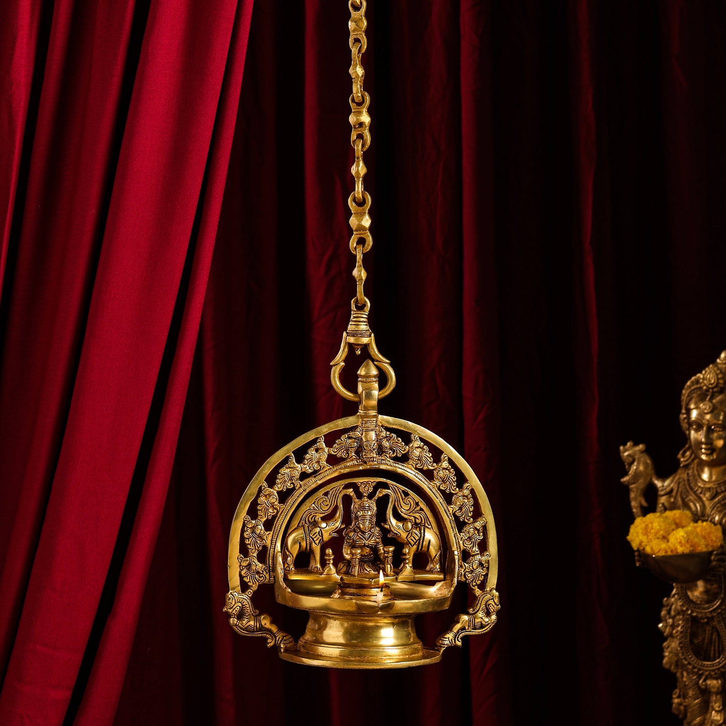 Brass Goddess Gaja Lakshmi Wall Hanging Lamp/Diya (38 Inch)