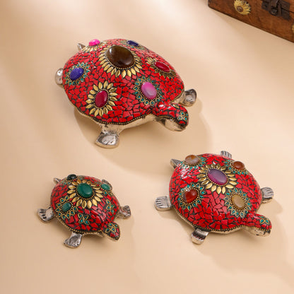 Metal Stone Work Tortoise Figurines Vastu/Feng Shui - Set Of Three