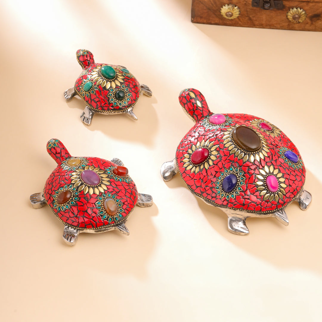 Metal Stone Work Tortoise Figurines Vastu/Feng Shui - Set Of Three