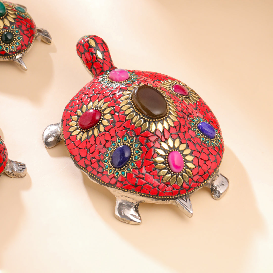 Metal Stone Work Tortoise Figurines Vastu/Feng Shui - Set Of Three