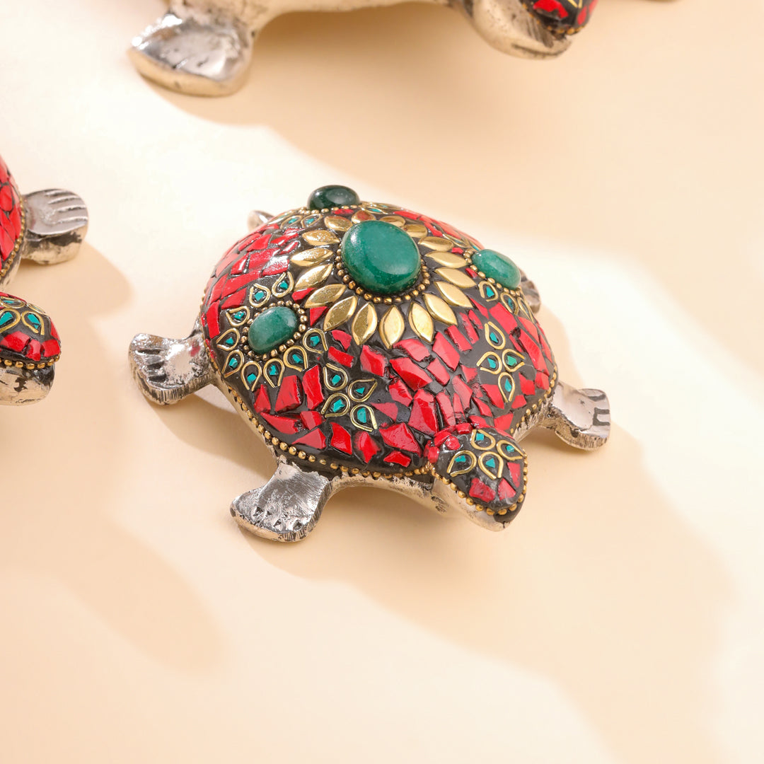 Metal Stone Work Tortoise Figurines Vastu/Feng Shui - Set Of Three