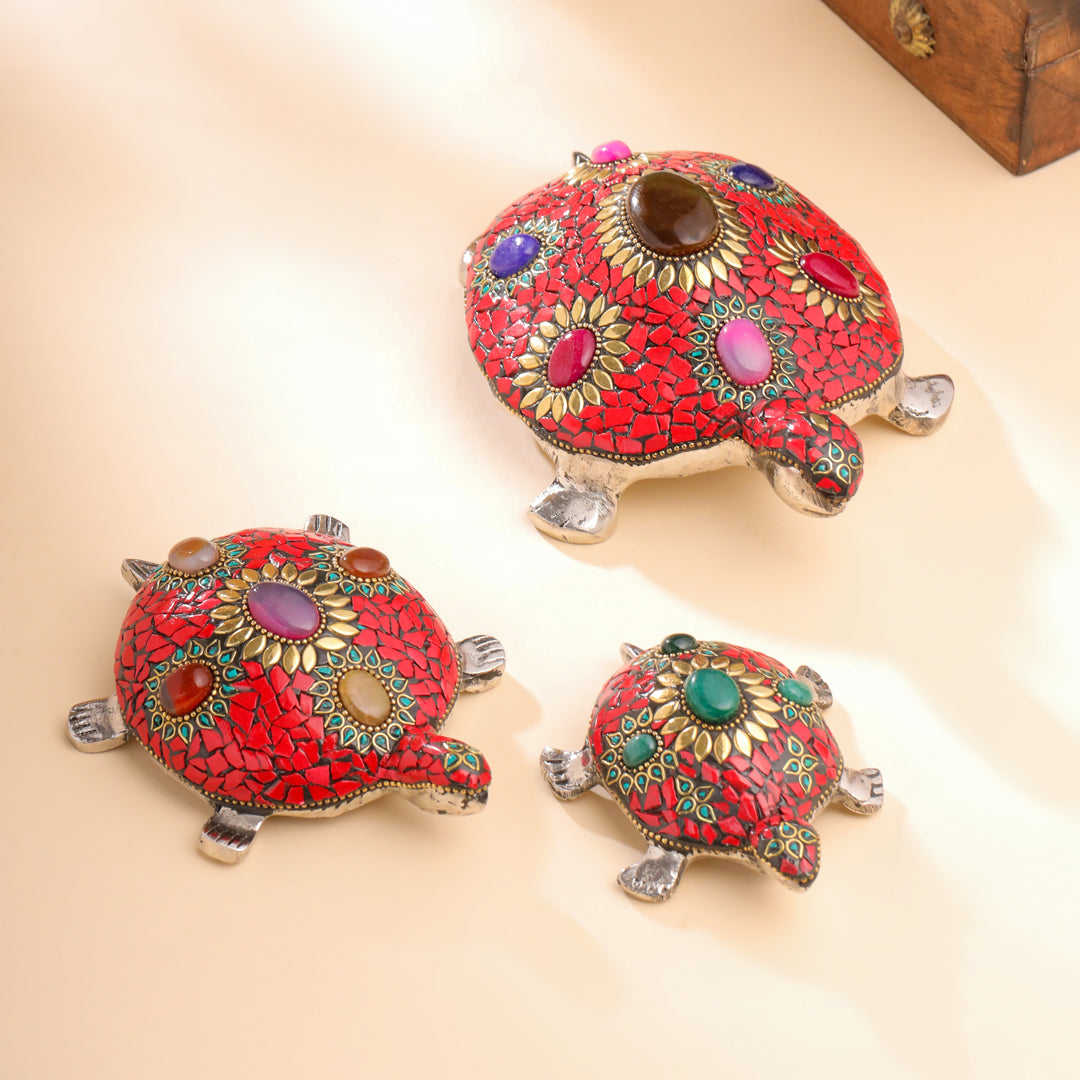 Metal Stone Work Tortoise Figurines Vastu/Feng Shui - Set Of Three