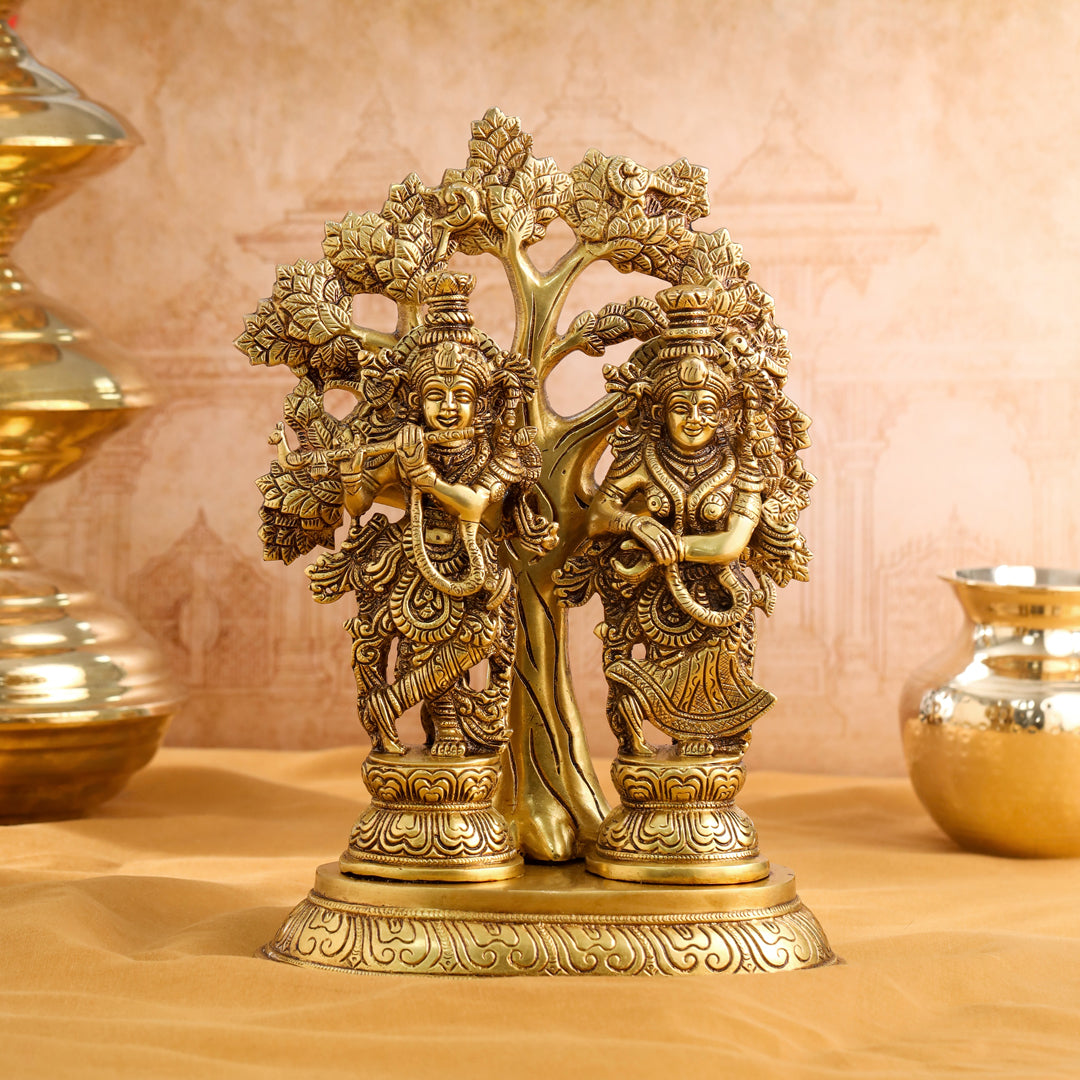 Brass Radha Krishna Idols With Tree (13.5 Inch)