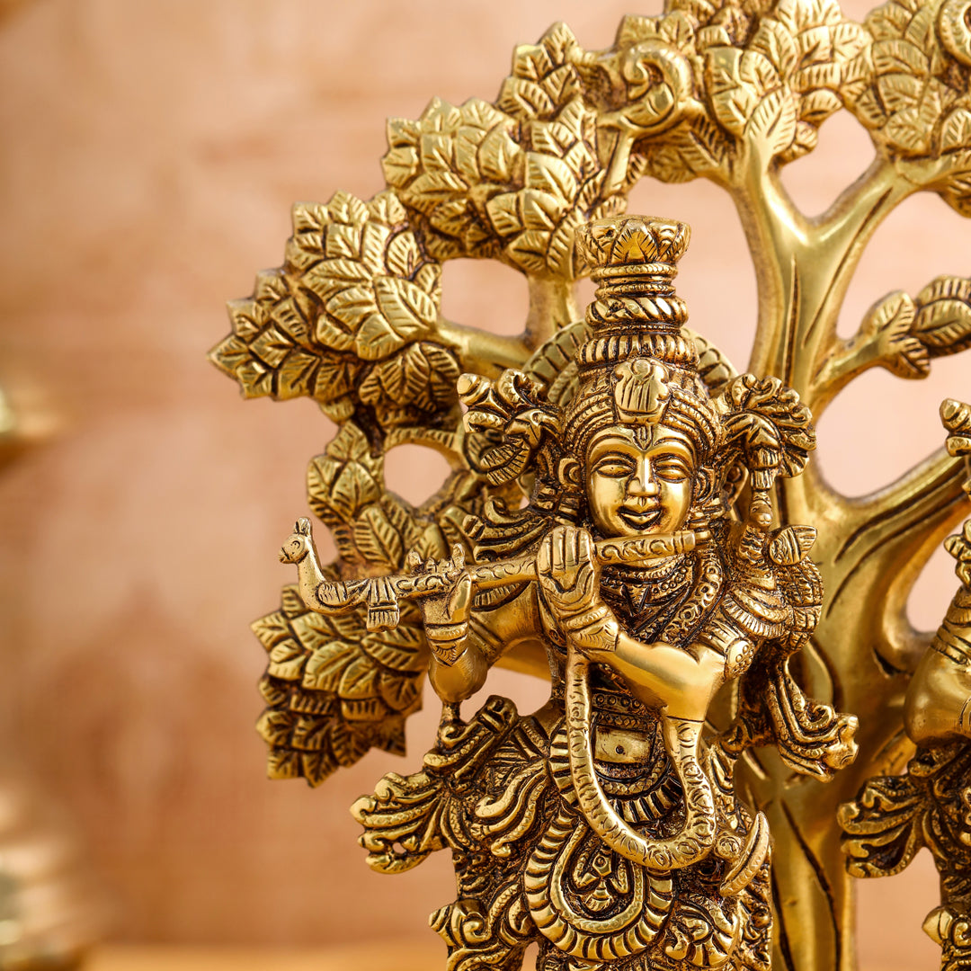Brass Radha Krishna Idols With Tree (13.5 Inch)