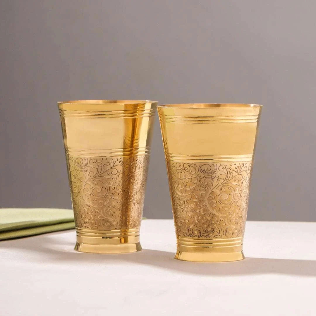 Brass Hand Carved Glass Pair