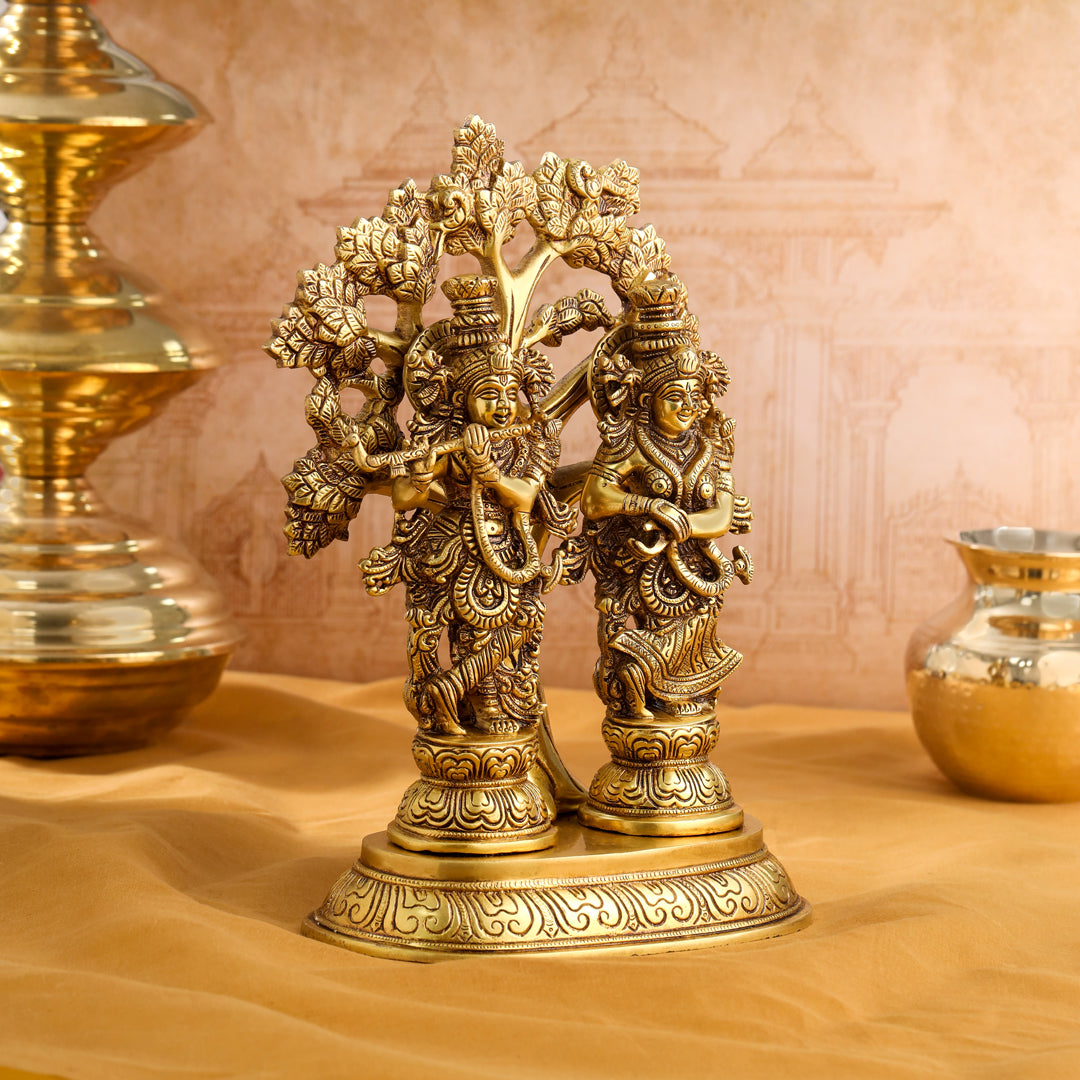 Brass Radha Krishna Idols With Tree (13.5 Inch)