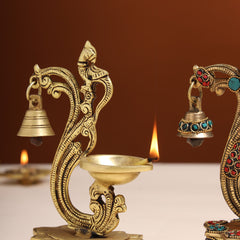 Brass Ethnic Peacock Diya With Hanging bell (8 Inch)
