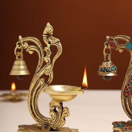 Brass Ethnic Peacock Diya With Hanging bell (8 Inch)