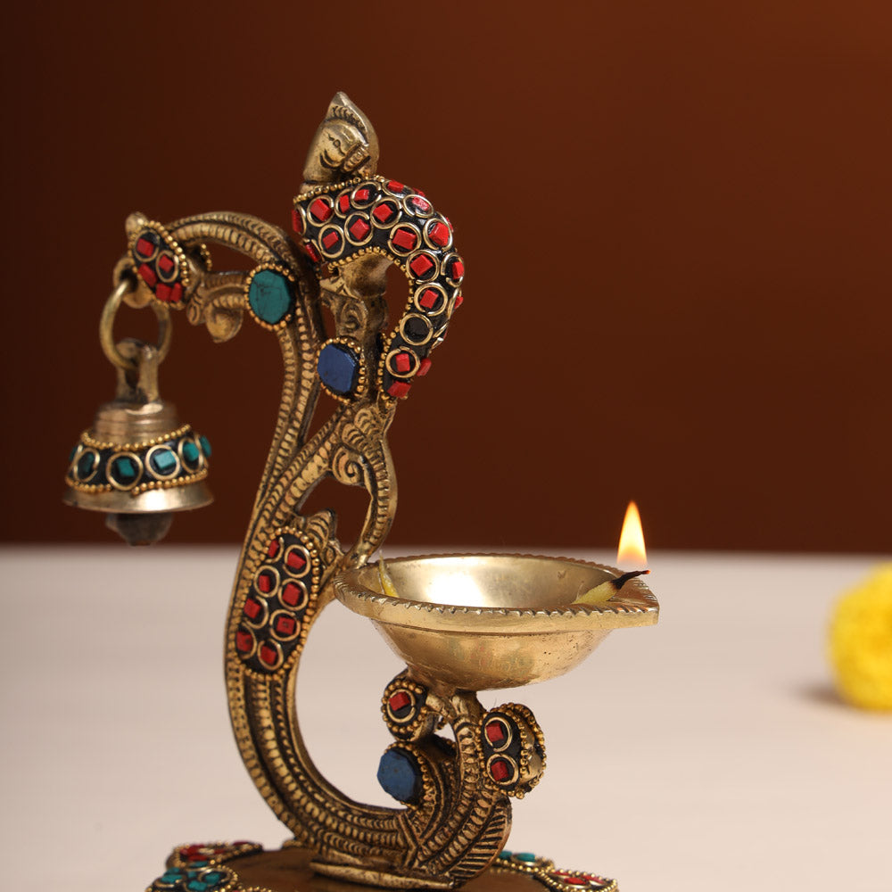 Brass Ethnic Peacock Diya With Hanging bell (8 Inch)