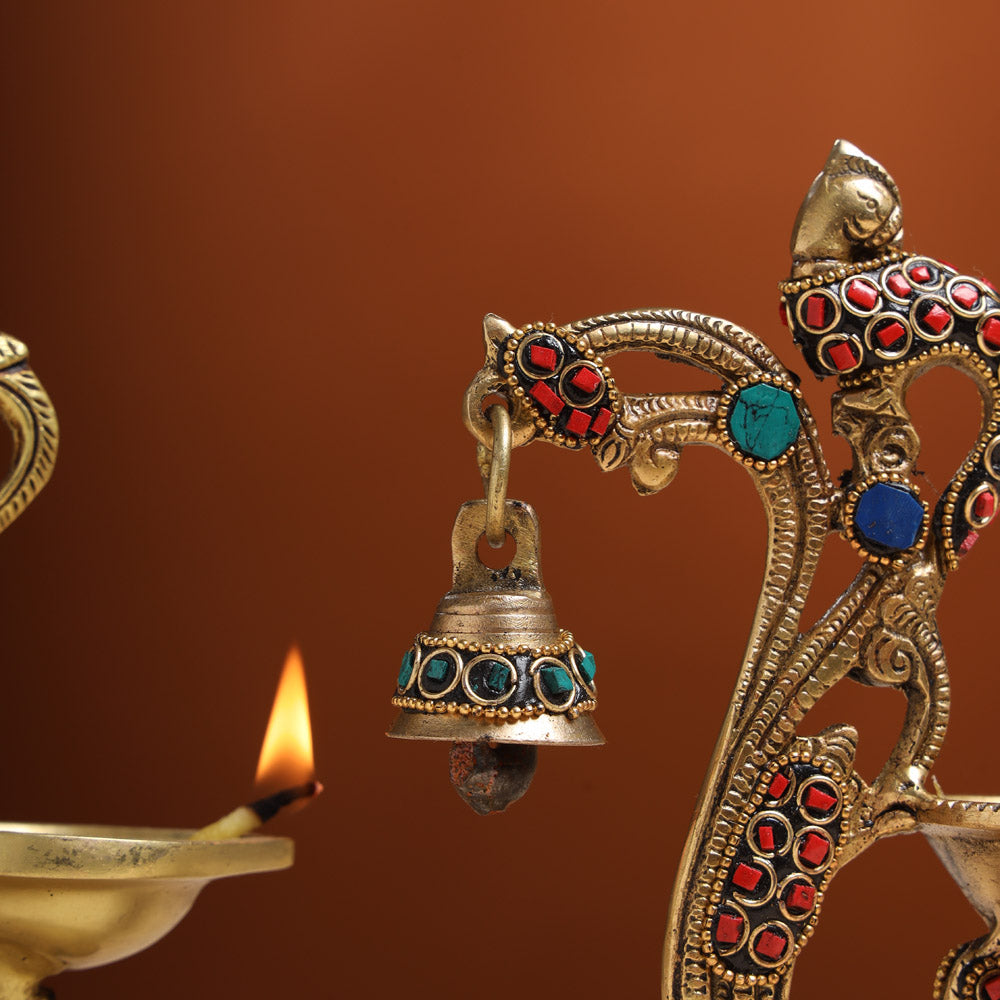 Brass Ethnic Peacock Diya With Hanging bell (8 Inch)