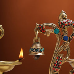 Brass Ethnic Peacock Diya With Hanging bell (8 Inch)