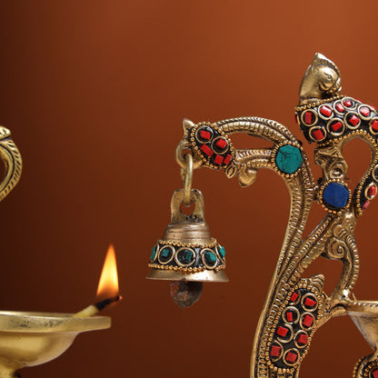 Brass Ethnic Peacock Diya With Hanging bell (8 Inch)