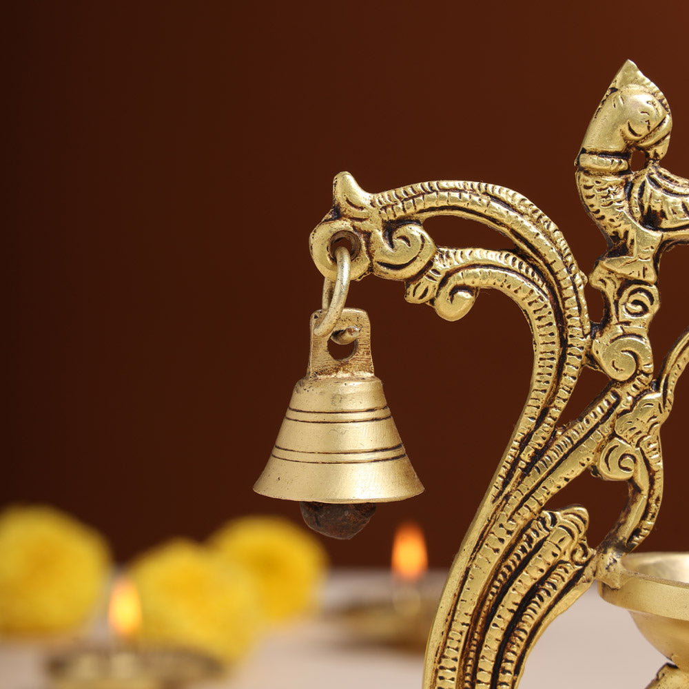 Brass Ethnic Peacock Diya With Hanging bell (8 Inch)