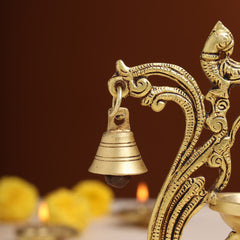 Brass Ethnic Peacock Diya With Hanging bell (8 Inch)