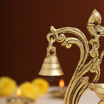 Brass Ethnic Peacock Diya With Hanging bell (8 Inch)