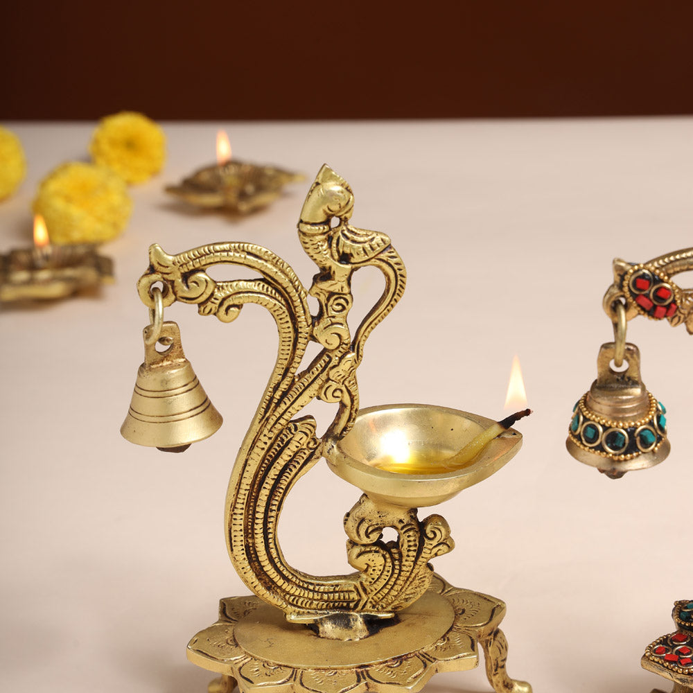 Brass Ethnic Peacock Diya With Hanging bell (8 Inch)
