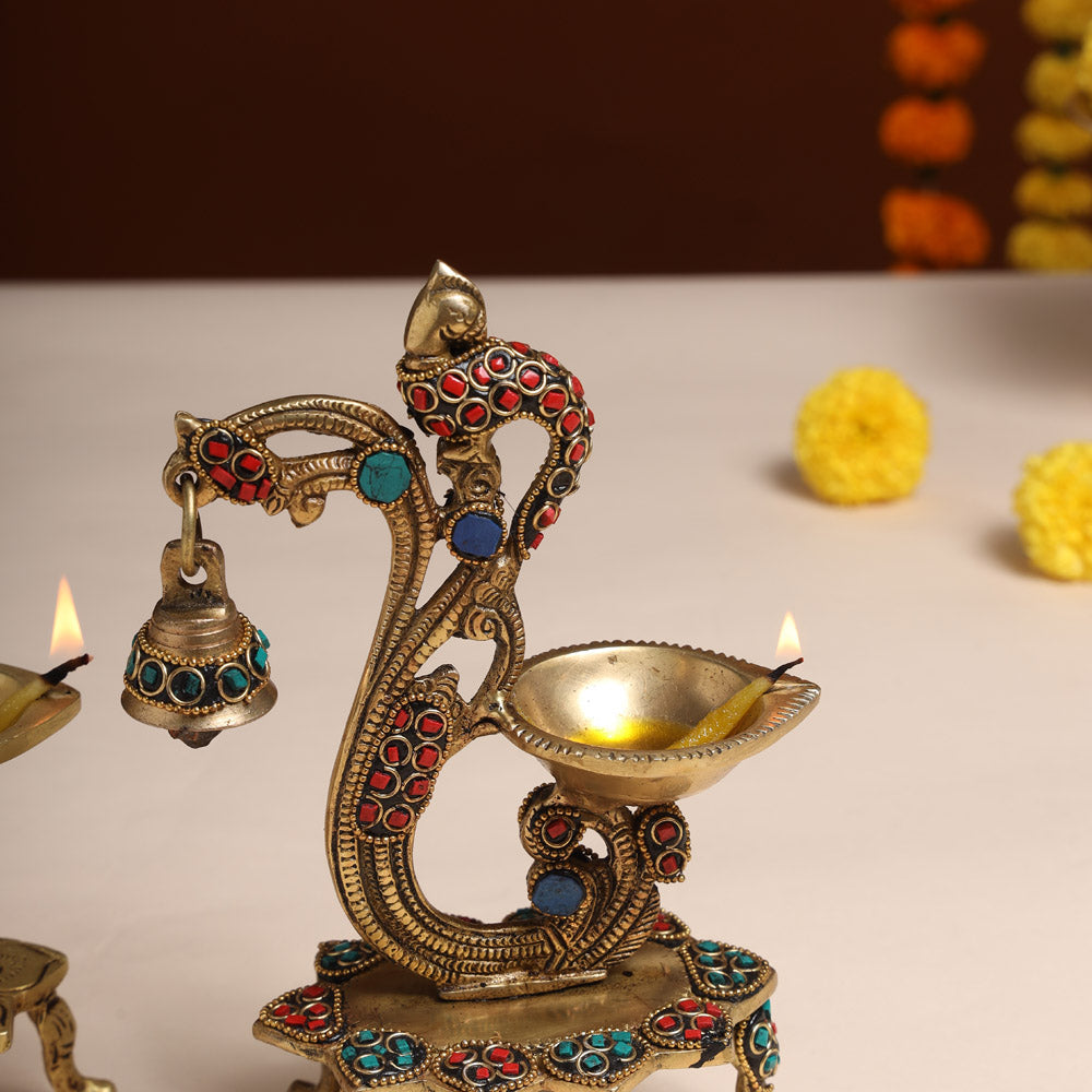Brass Ethnic Peacock Diya With Hanging bell (8 Inch)