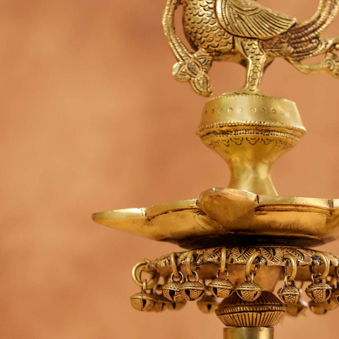 Brass Peacock Diya On Dancing Elephant (30 Inch)