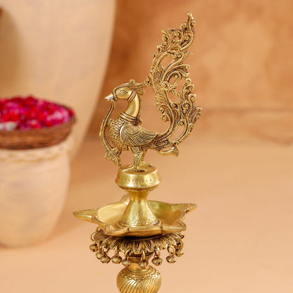 Brass Peacock Diya On Dancing Elephant (30 Inch)