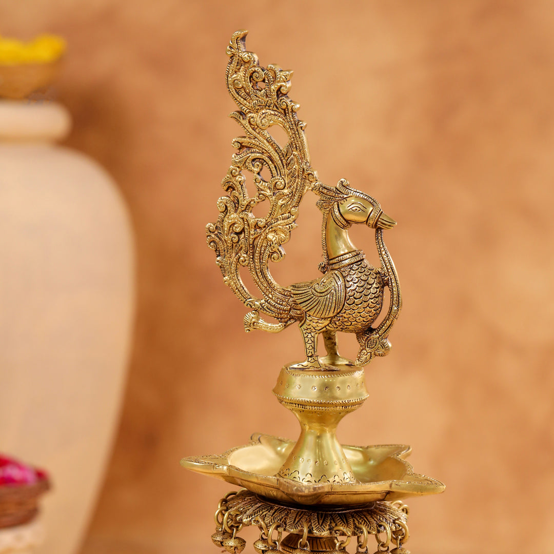 Brass Peacock Diya On Dancing Elephant (30 Inch)