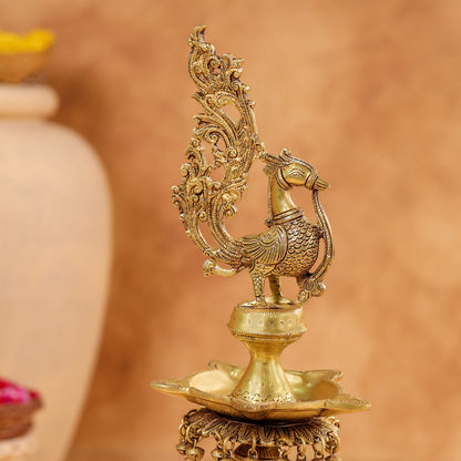 Brass Peacock Diya On Dancing Elephant (30 Inch)