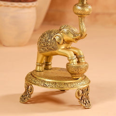 Brass Peacock Diya On Dancing Elephant (30 Inch)