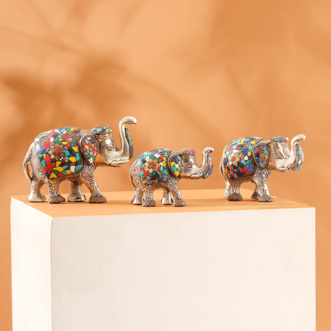 Metal Stone Work Standing Elephant Family Set Of Three