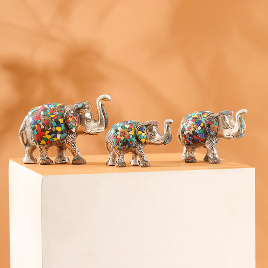 Metal Stone Work Standing Elephant Family Set Of Three