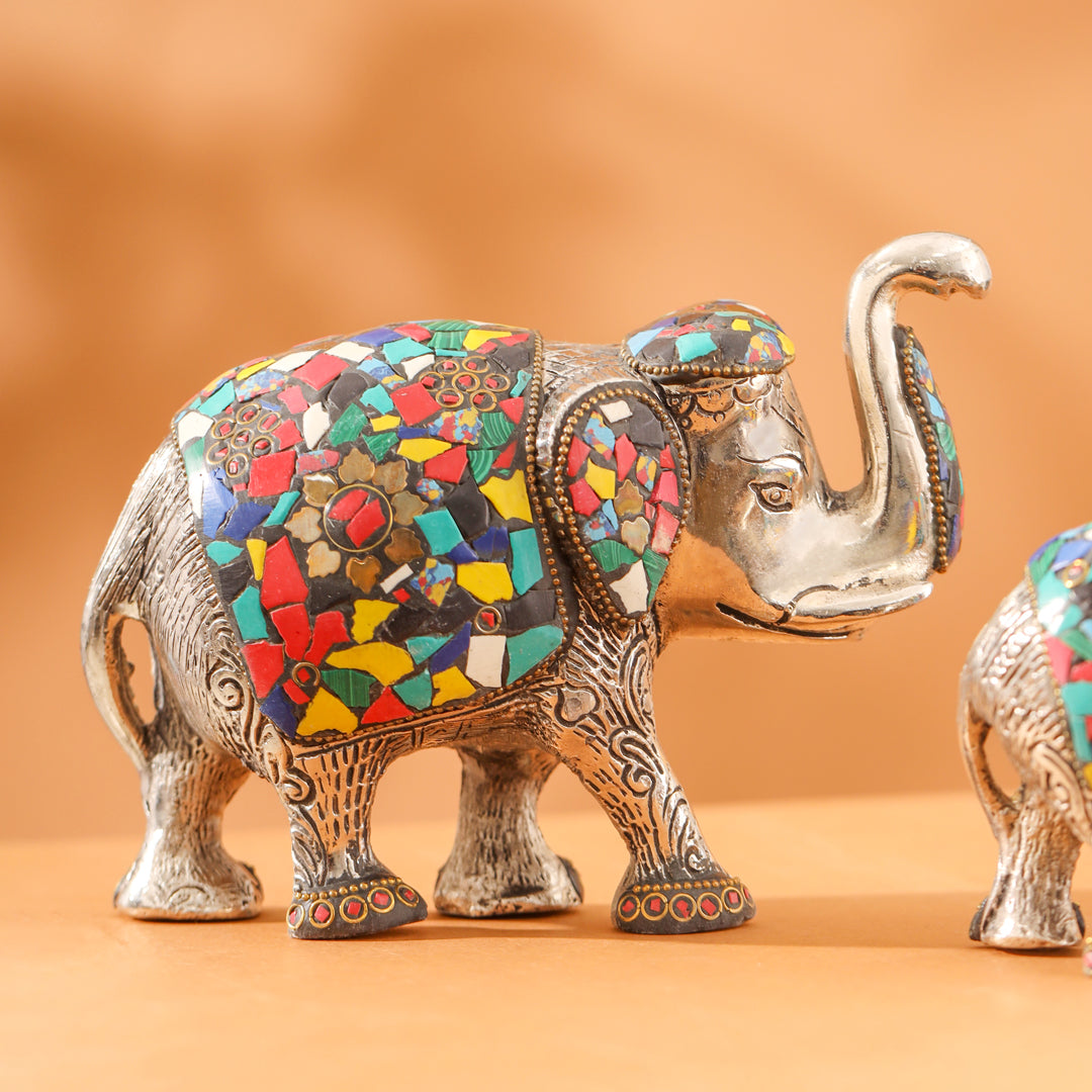 Metal Stone Work Standing Elephant Family Set Of Three