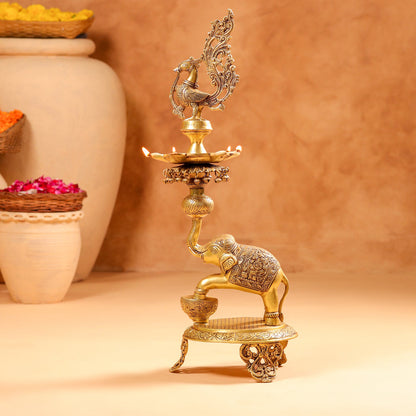 Brass Peacock Diya On Dancing Elephant (30 Inch)