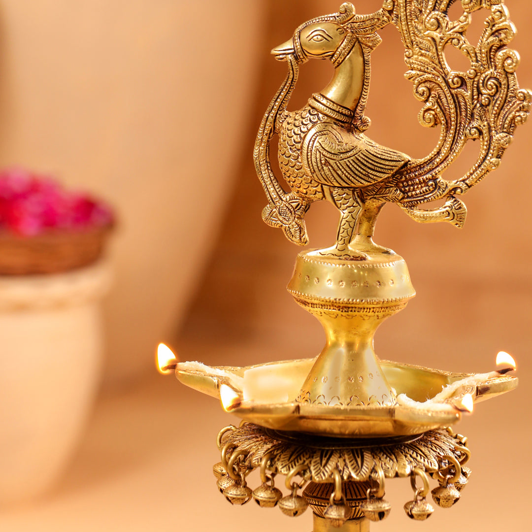 Brass Peacock Diya On Dancing Elephant (30 Inch)