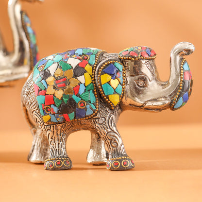 Metal Stone Work Standing Elephant Family Set Of Three