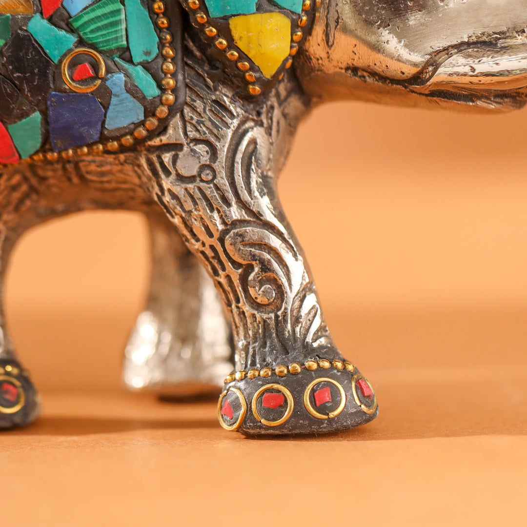 Metal Stone Work Standing Elephant Family Set Of Three