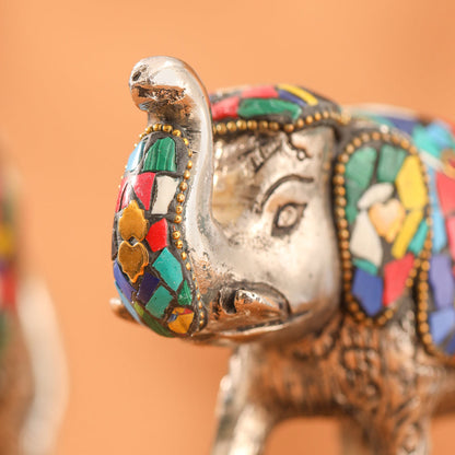 Metal Stone Work Standing Elephant Family Set Of Three