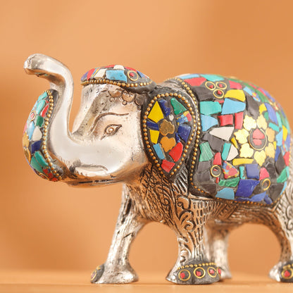 Metal Stone Work Standing Elephant Family Set Of Three