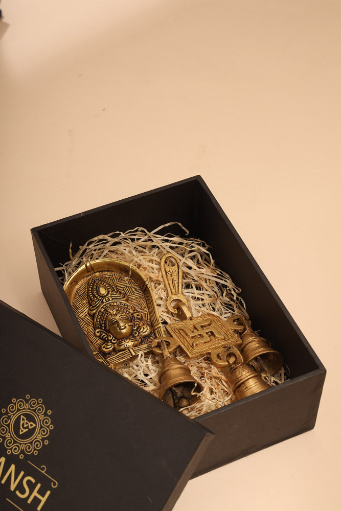 Brass Durga face & Swastik bell Festive Gift Hamper