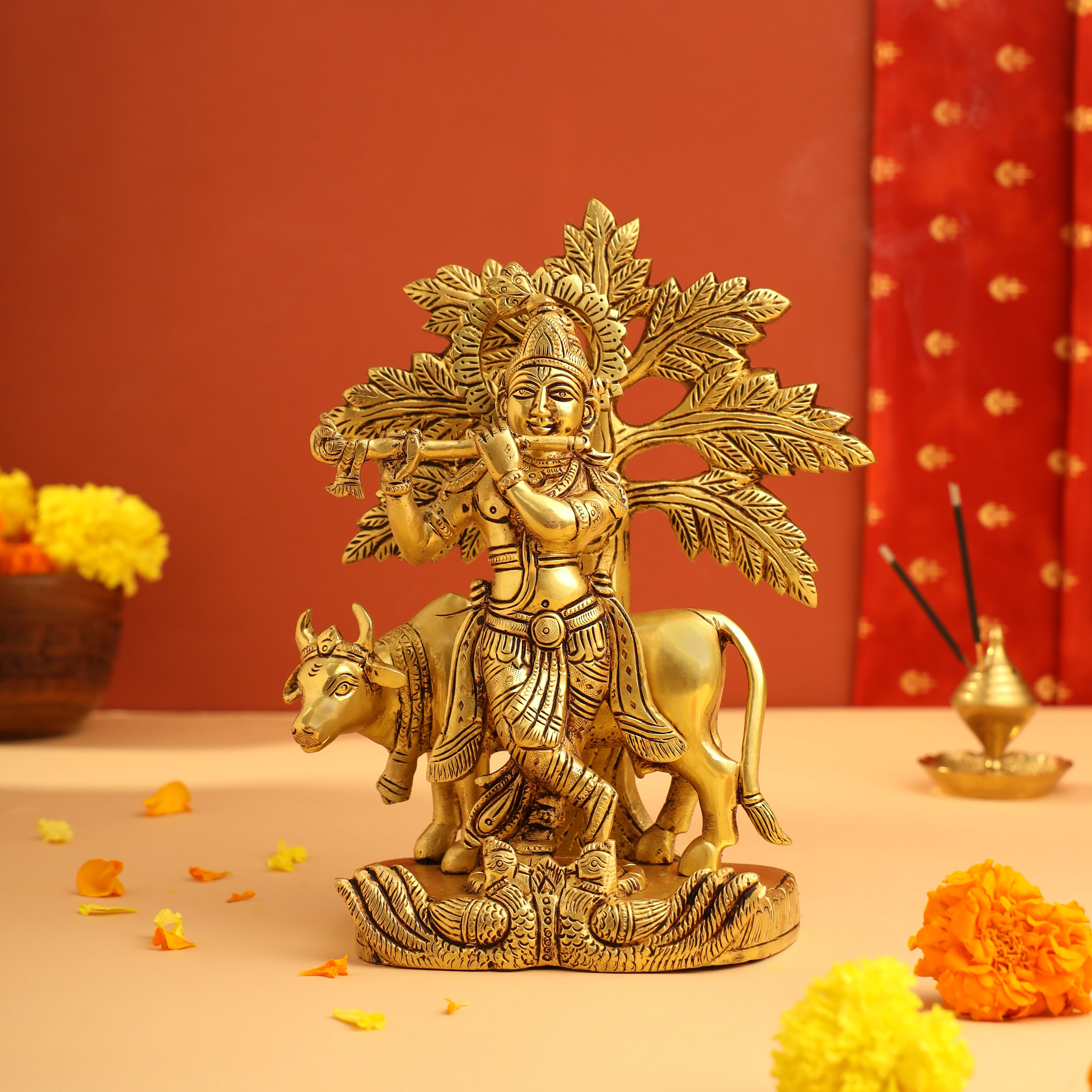 Brass Lord Krishna Statue With Cow And Tree (8.5 Inch) – Velan Store