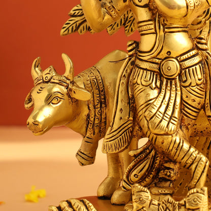 Brass Lord Krishna Statue With Cow And Tree (8.5 Inch)