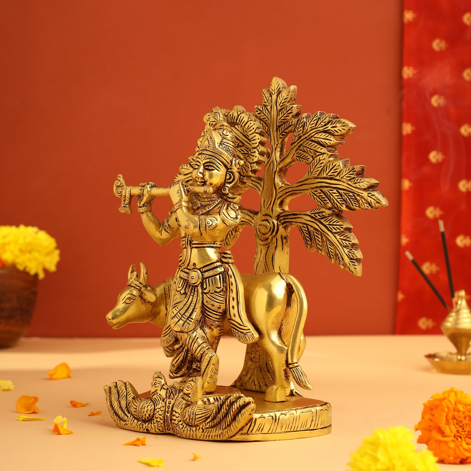 Brass Lord Krishna Statue With Cow And Tree (8.5 Inch)