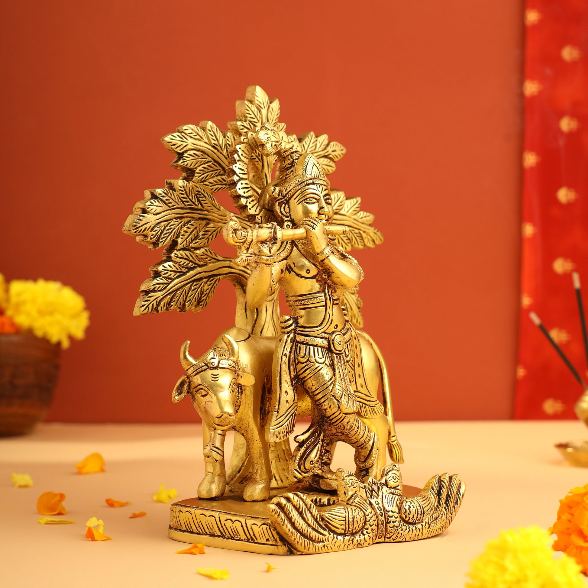 Brass Lord Krishna Statue With Cow And Tree (8.5 Inch)