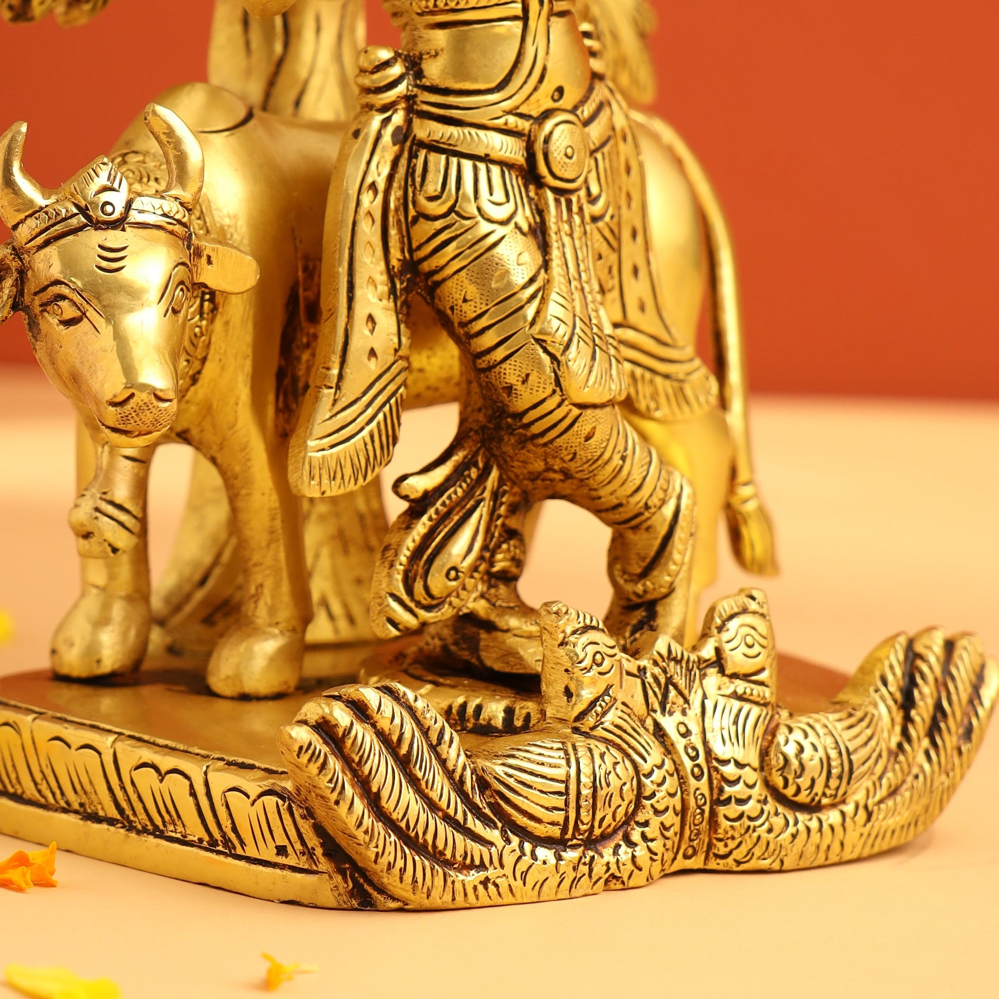 Brass Lord Krishna Statue With Cow And Tree (8.5 Inch)