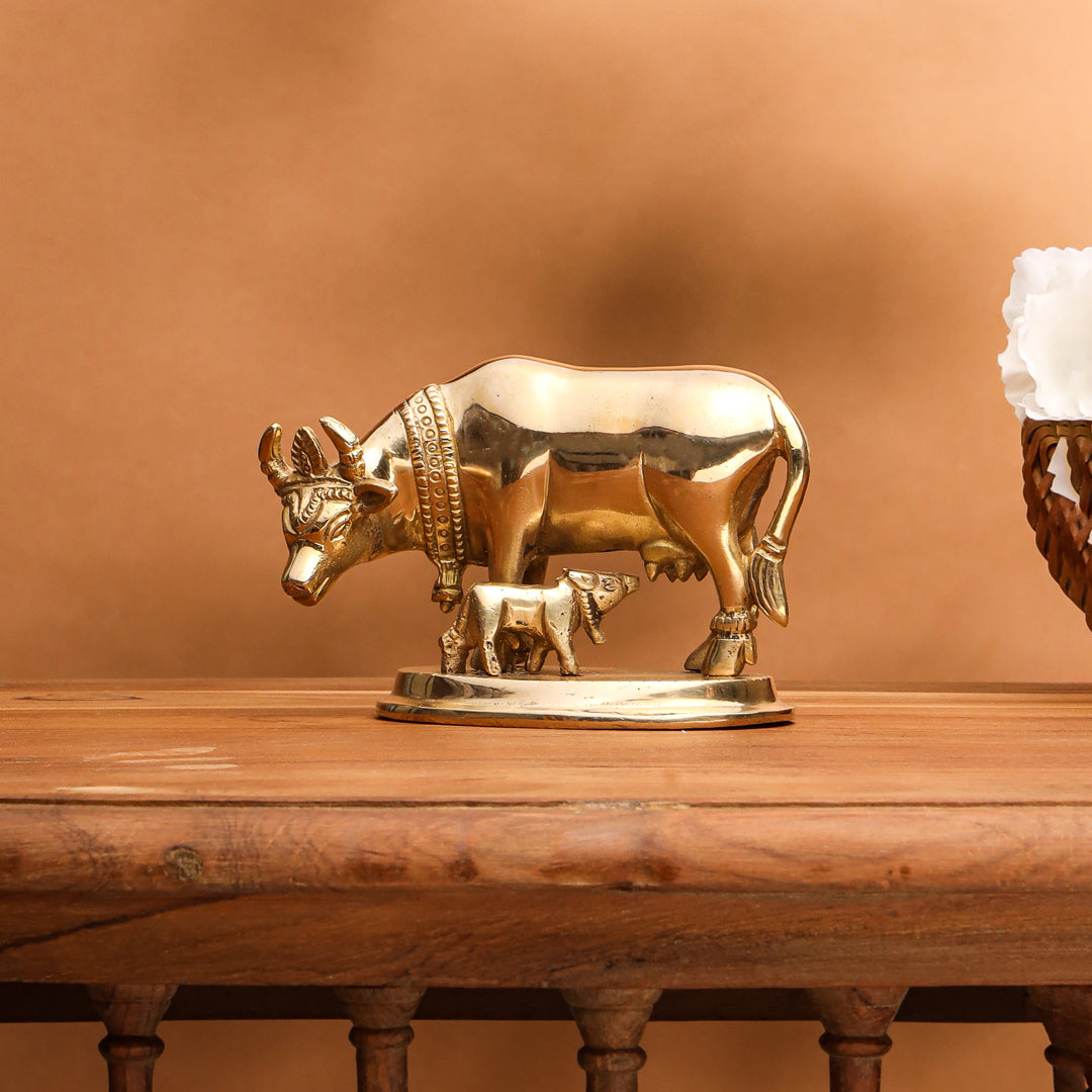 Brass Kamdhenu Cow With Calf Idol