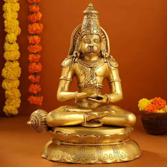 Brass Sitting Hanuman With Base Idol (16 Inch)