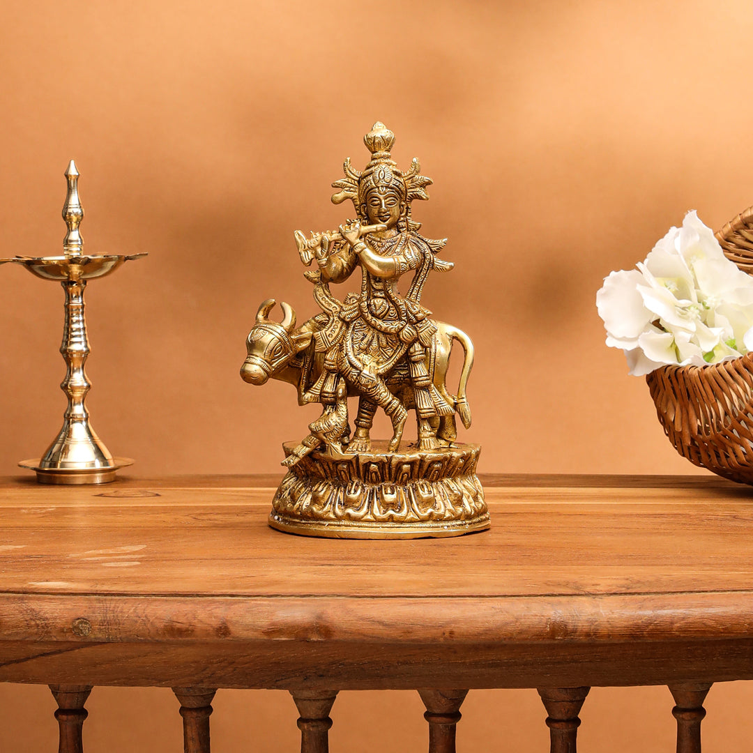 Brass Krishna With Cow Idol (7 Inch)
