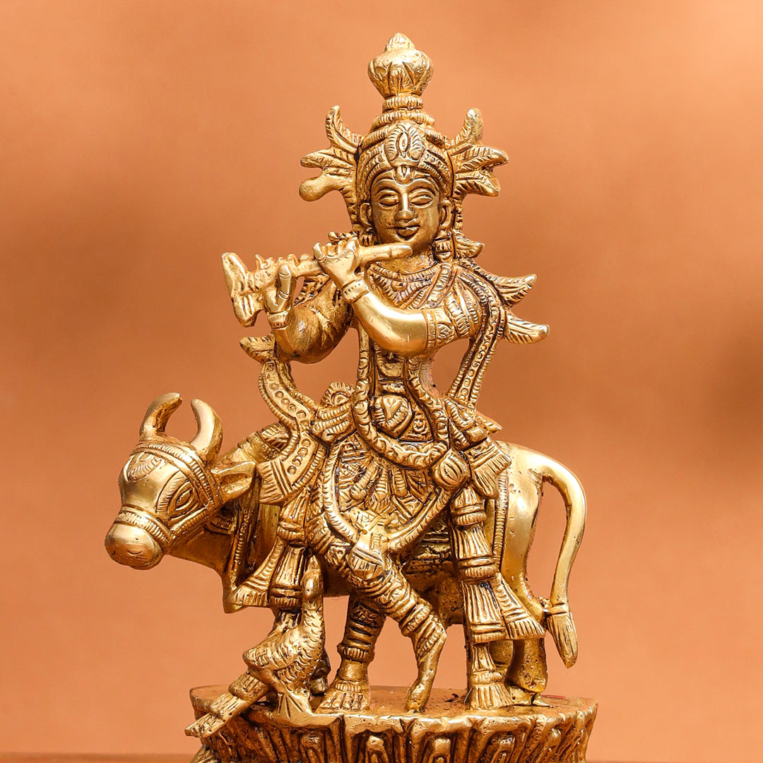 Brass Krishna With Cow Idol (7 Inch)