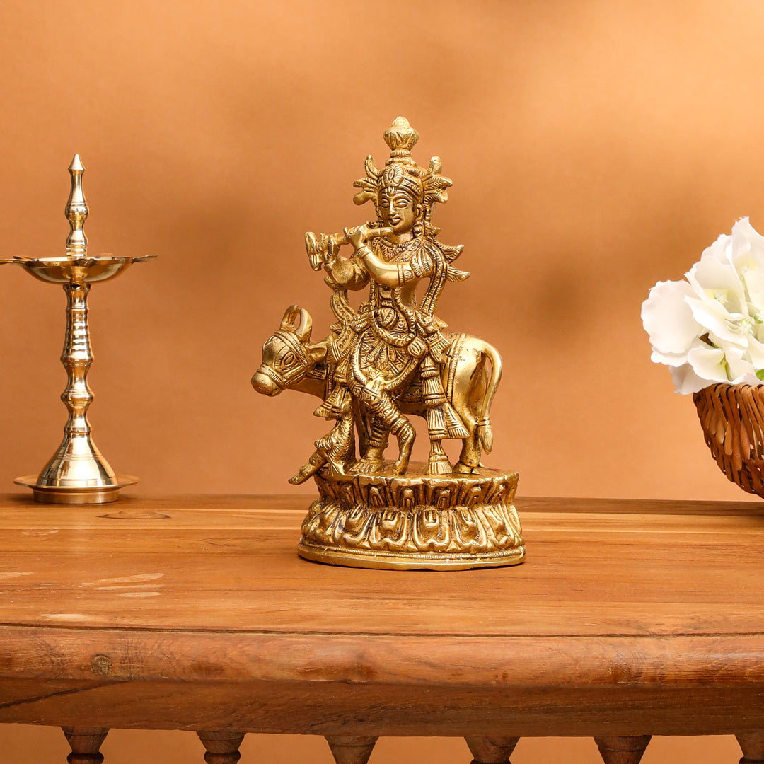 Brass Krishna With Cow Idol (7 Inch)