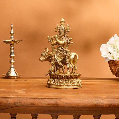 Brass Krishna With Cow Idol (7 Inch)