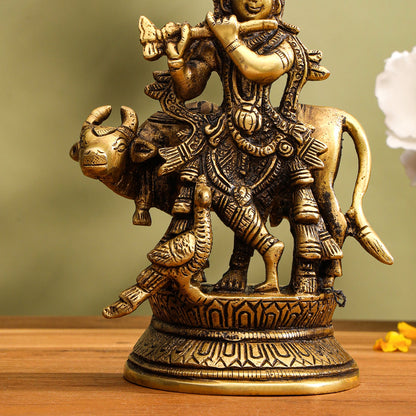 Brass Krishna With Cow Idol (5.5 Inch)